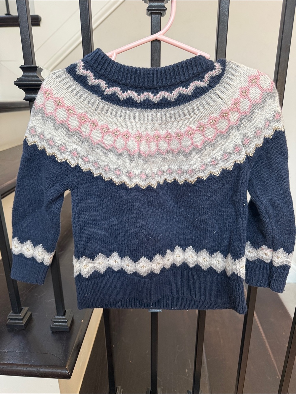 Crewcuts Navy Fair Isle Sweater with Pink and Cream Accents